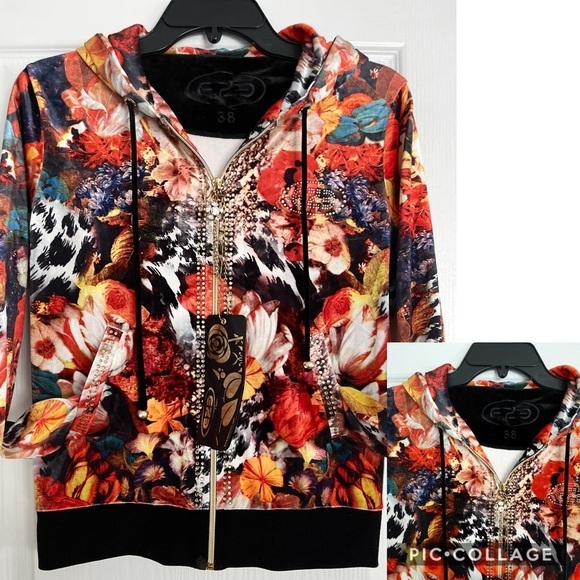 NWT WOMEN VELOUR TRACKSUIT SET JACKET/BLACK PANTS FLORAL PRINT LOUNGEWEAR HOODED - Picture 3 of 11